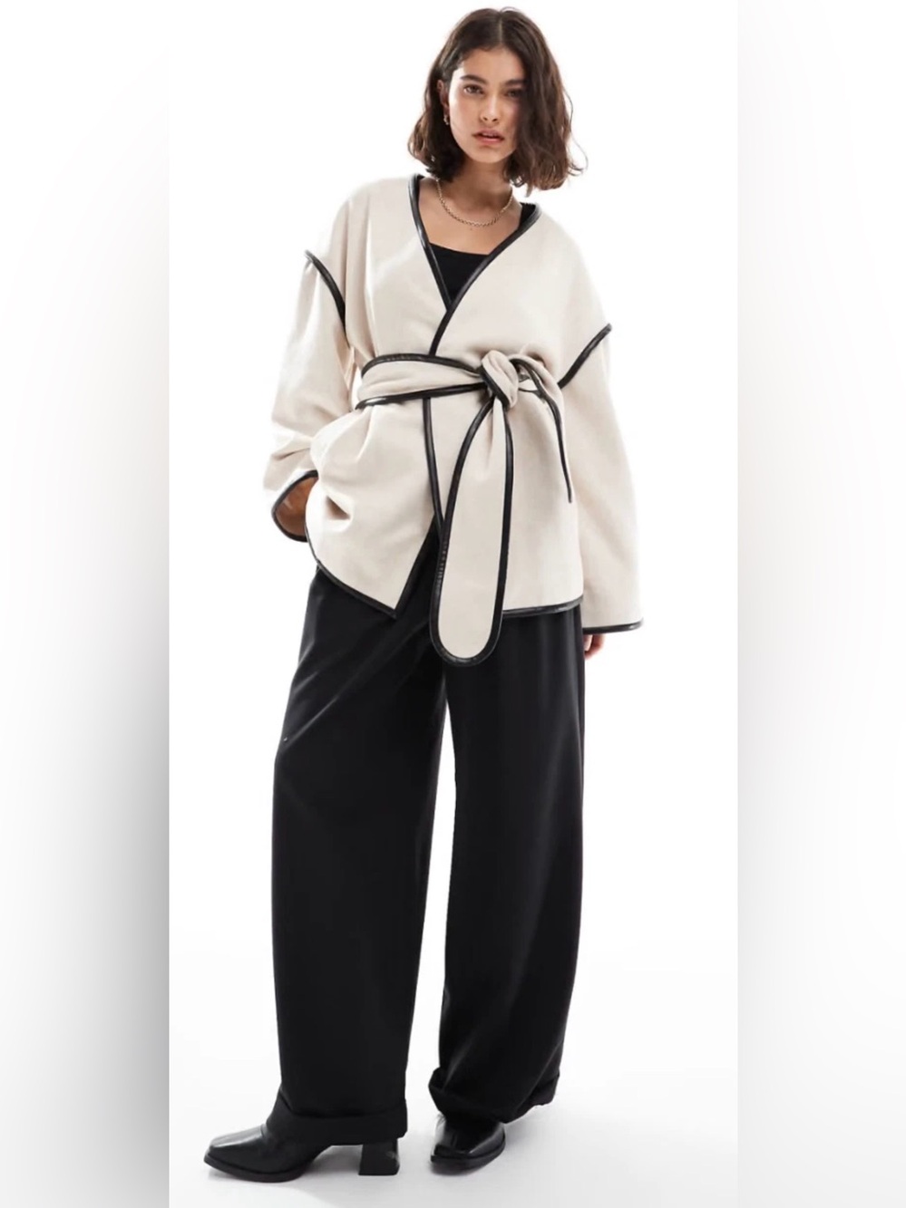 4Th + Reckless Cream Wool Blend Contrast Edge Belted Wrap Jacket